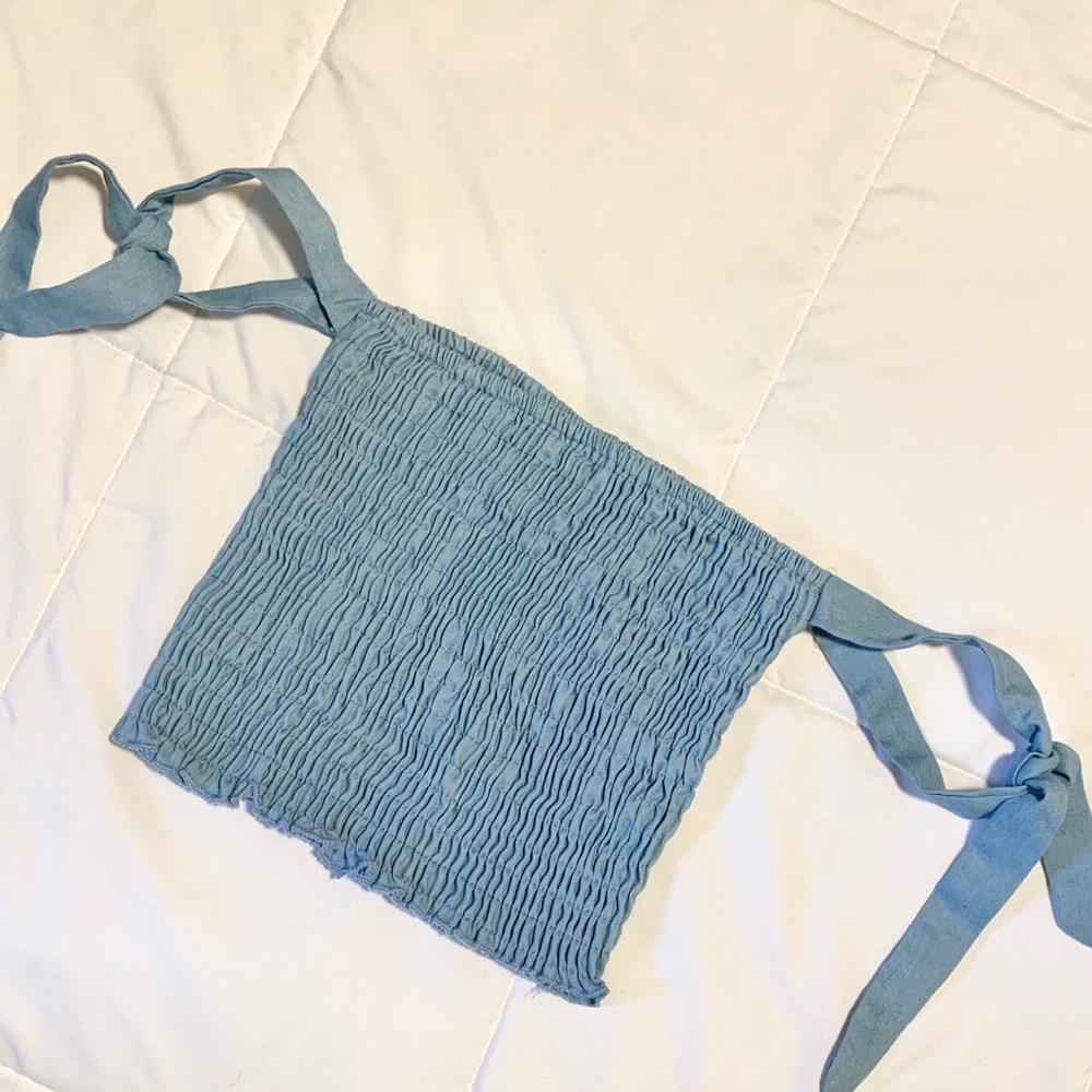 Chambray scrunchy crop tube top tie shoulders😊